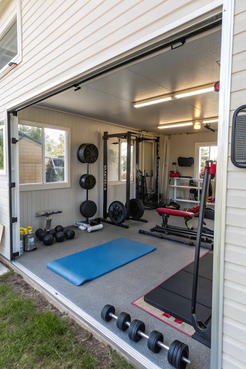 A home gym with exercise equipment and mirrors, designed for convenient workouts at home.