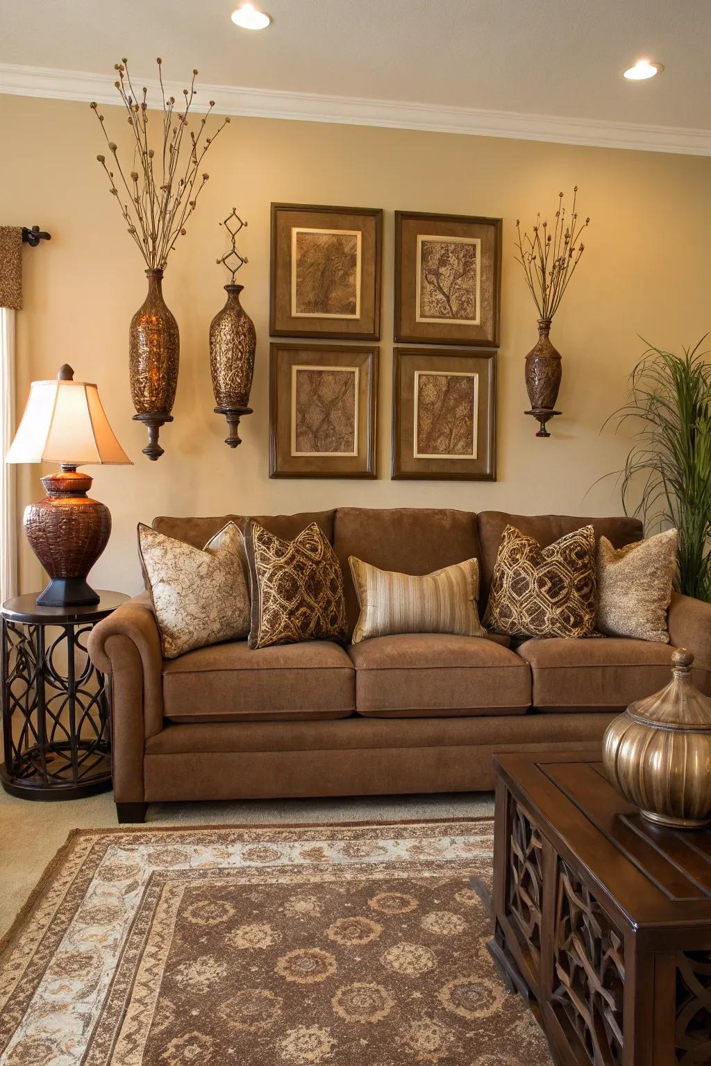 Symmetrical elements create a balanced and harmonious space around the mocha couch.