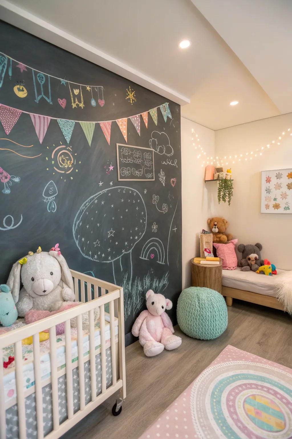 A chalkboard wall offers creative freedom and fun.