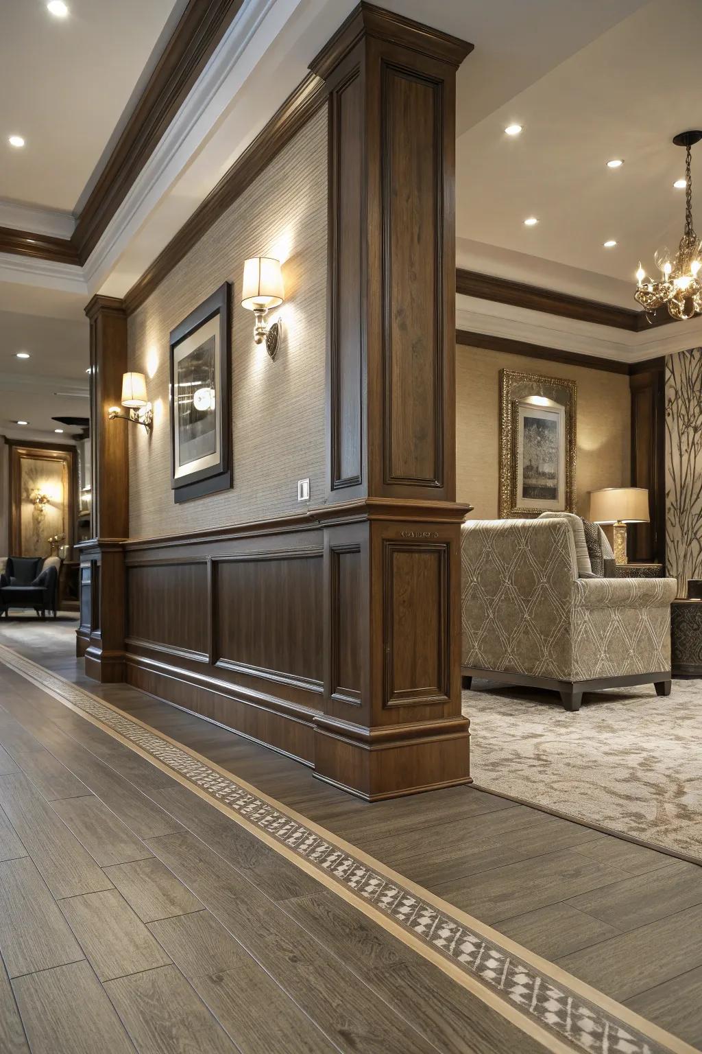 Mixed-material baseboards for a custom touch.