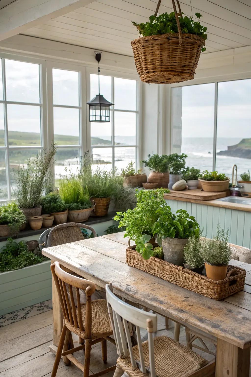 Greenery adds freshness and vitality to this kitchen.