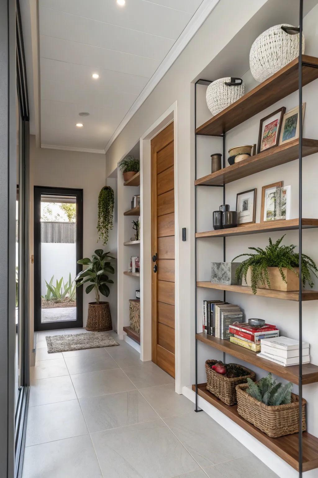 Vertical storage solutions maximize space in a modern entryway.