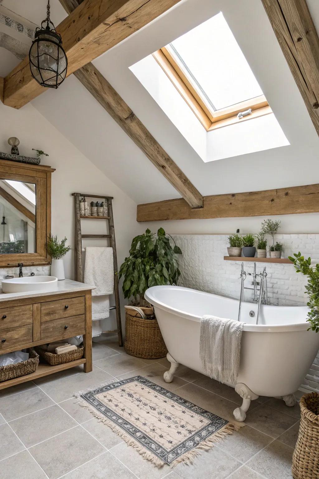 A skylight enhances natural light in this cozy bathroom.