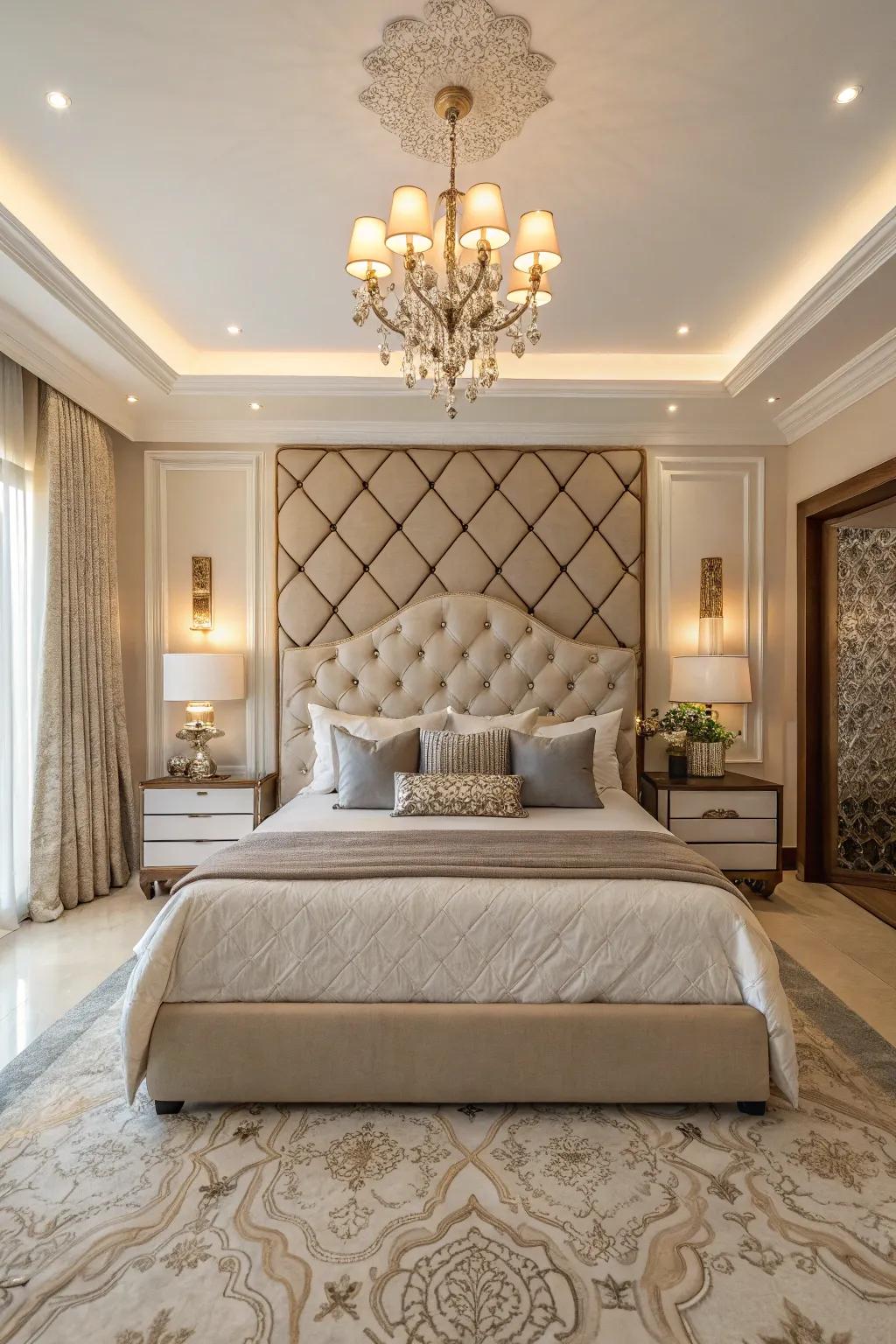 Statement headboards serve as a striking focal point in the room.