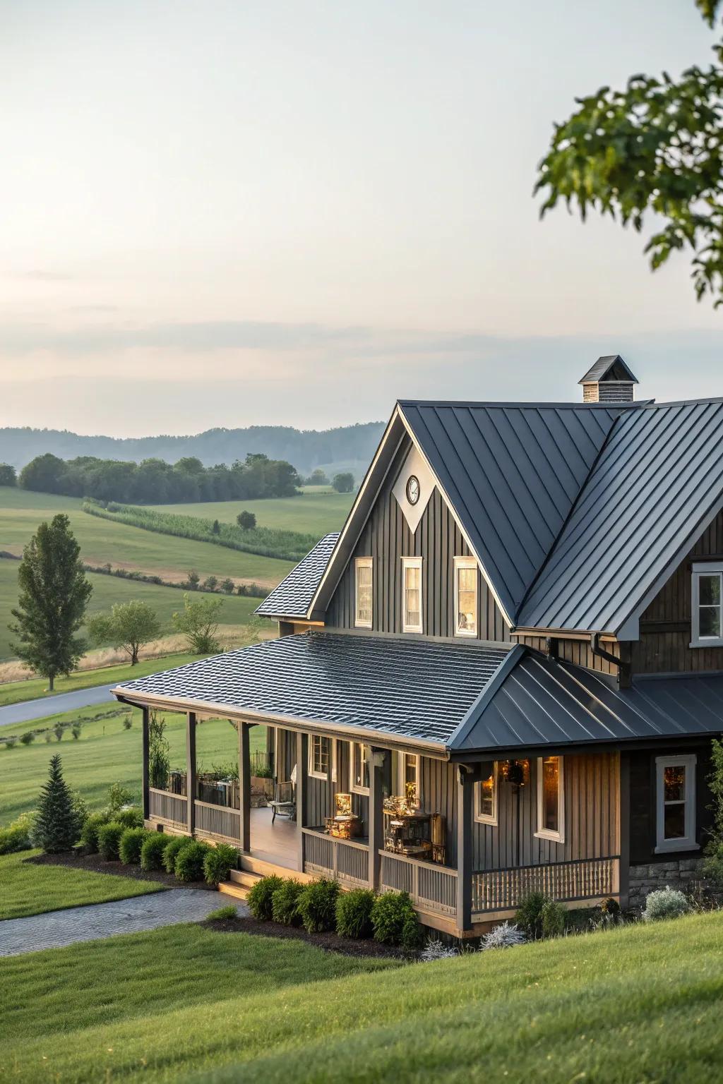 Classic elegance: A farmhouse with a deep charcoal metal roof.