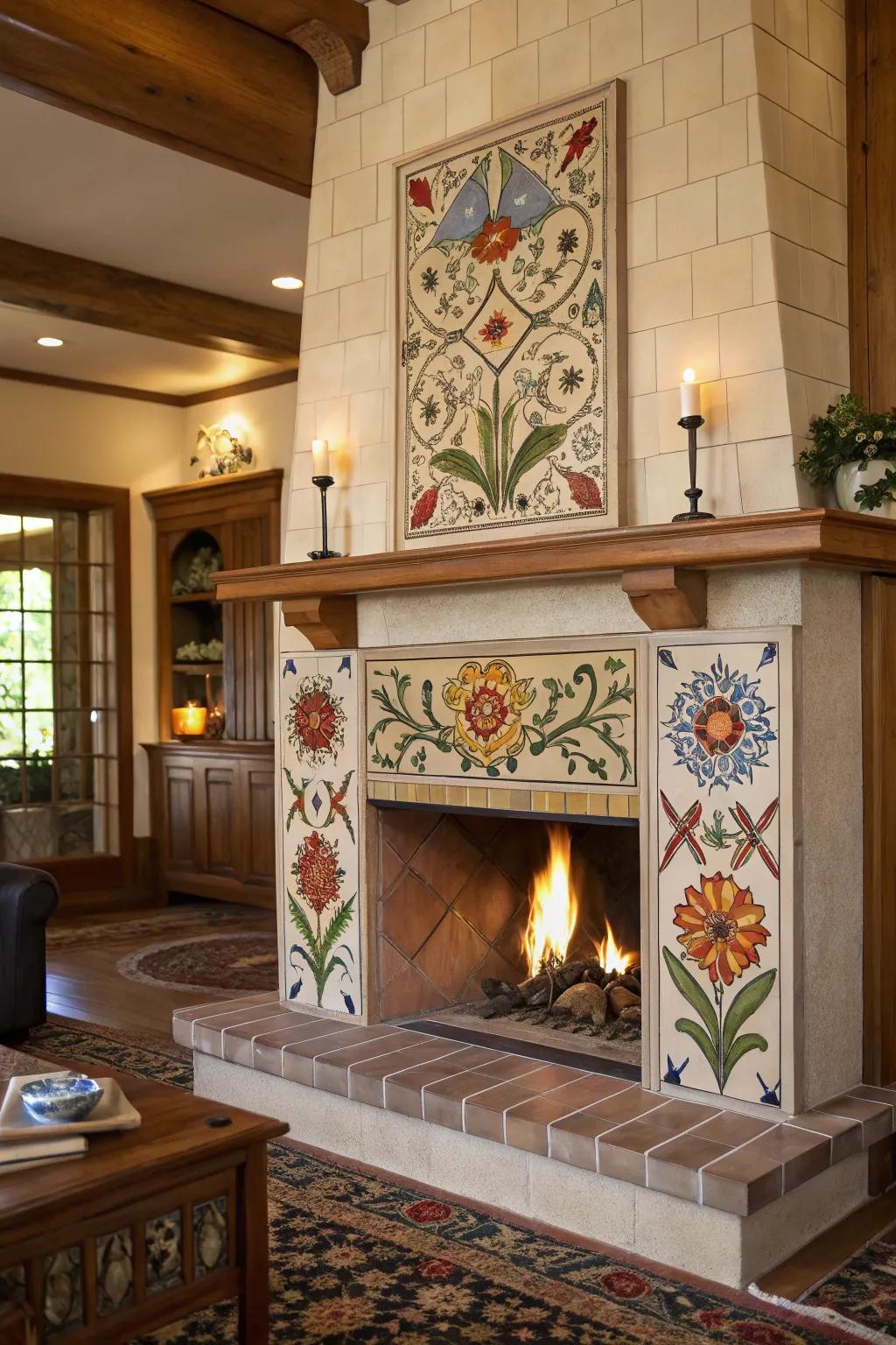 Fireplace with unique hand-painted tile artistry.