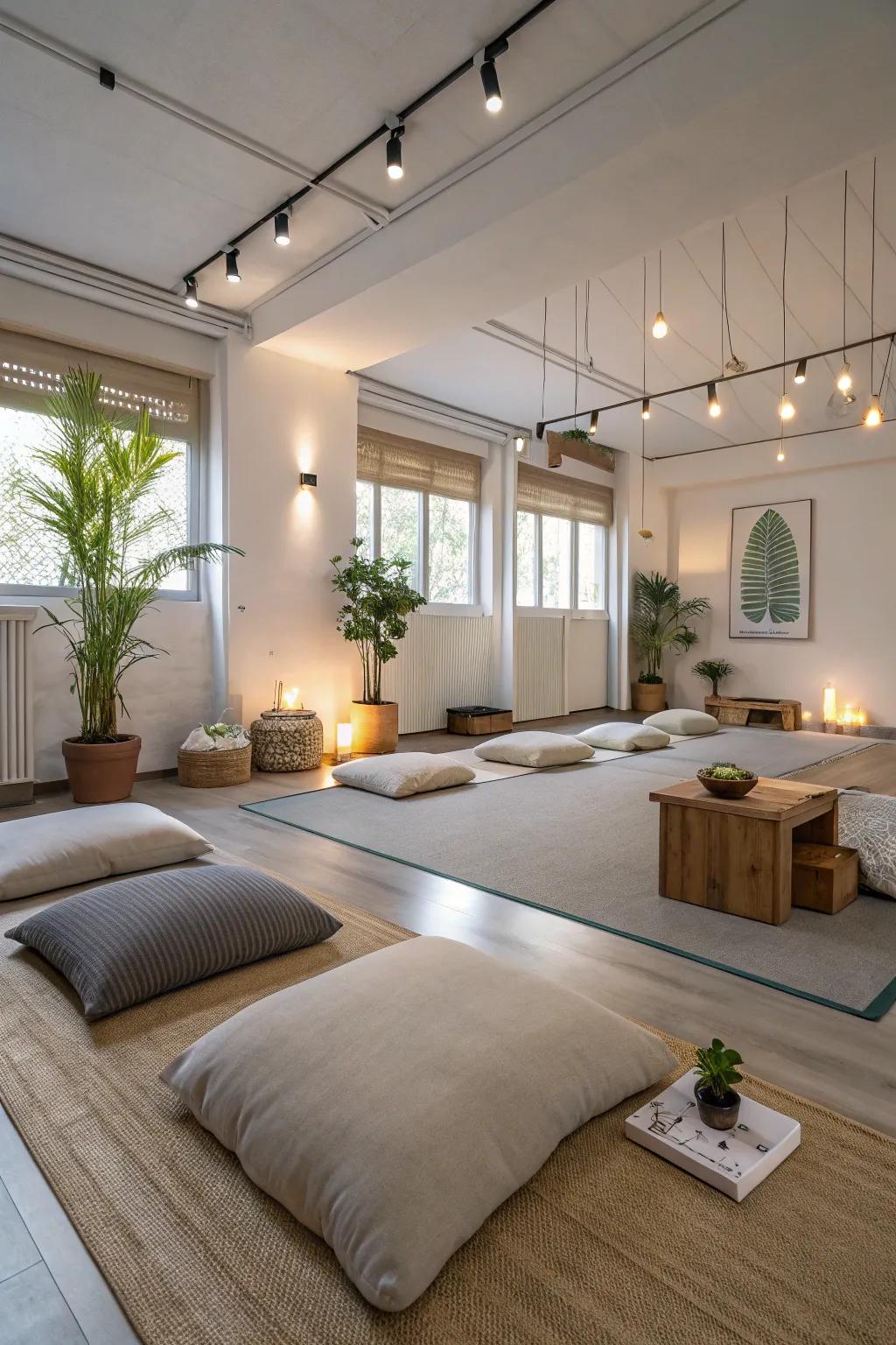 A tranquil meditation and yoga space within a flex room.