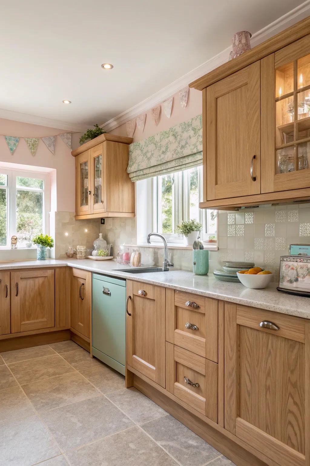 Pastel accents bring a soft, calming touch to oak cabinet kitchens.