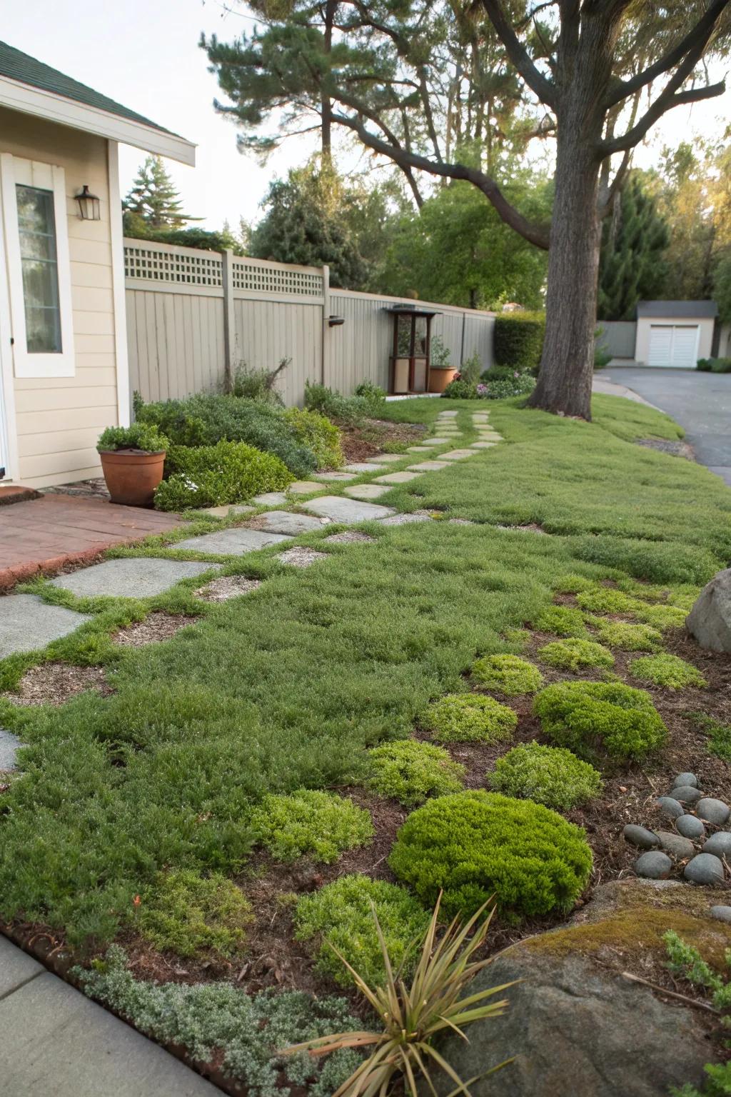 Low-grow ground covers providing a grass alternative in a modern front yard.