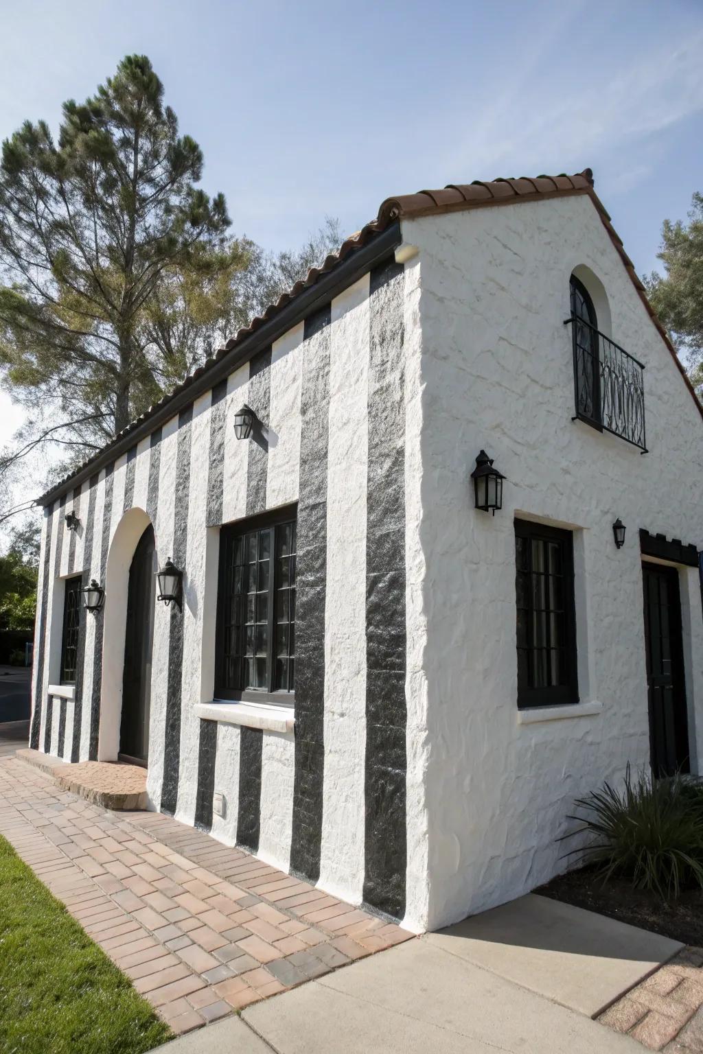 Stucco home with bold black and white contrasts.