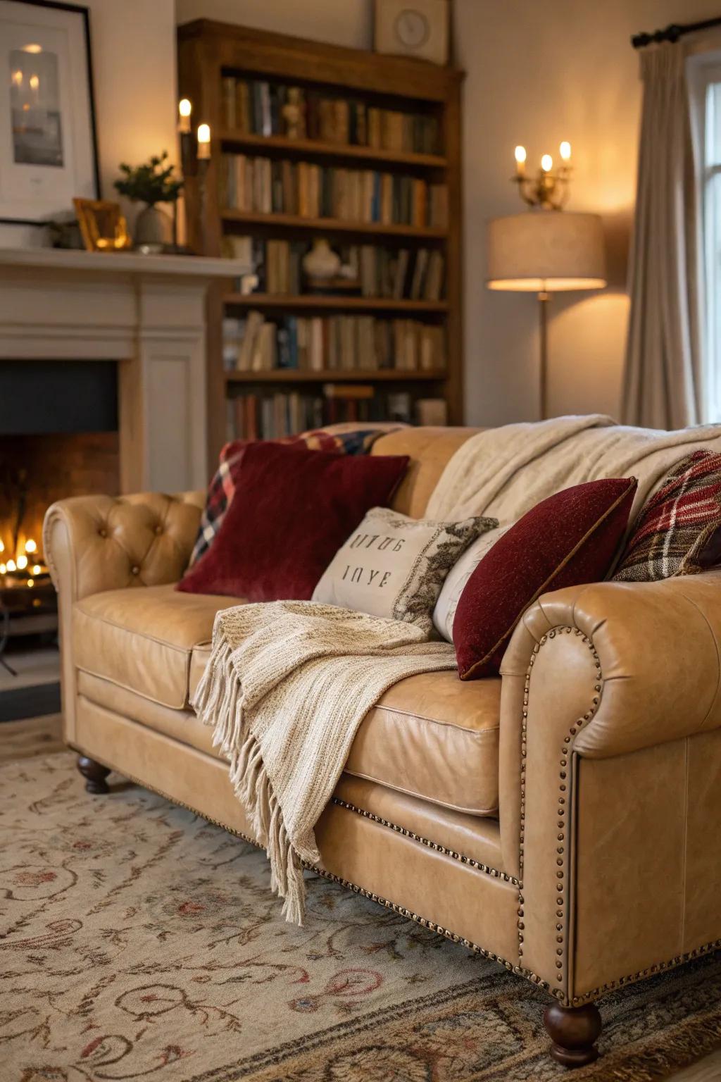 Layered textiles enhance the comfort of a tan leather sofa.