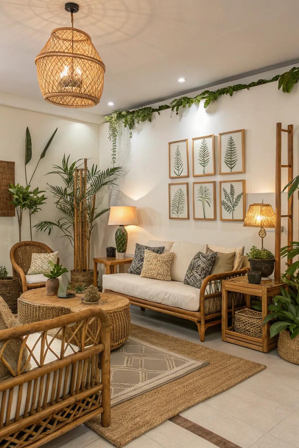 Bamboo elements add an exotic touch to the tropical decor.