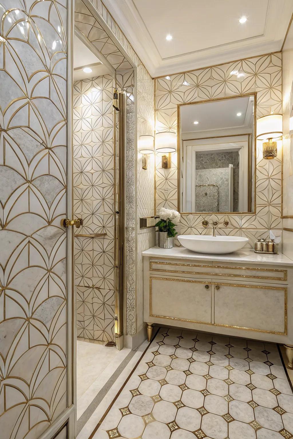 Art Deco patterns in mother of pearl tiles bring a timeless elegance to any bathroom.