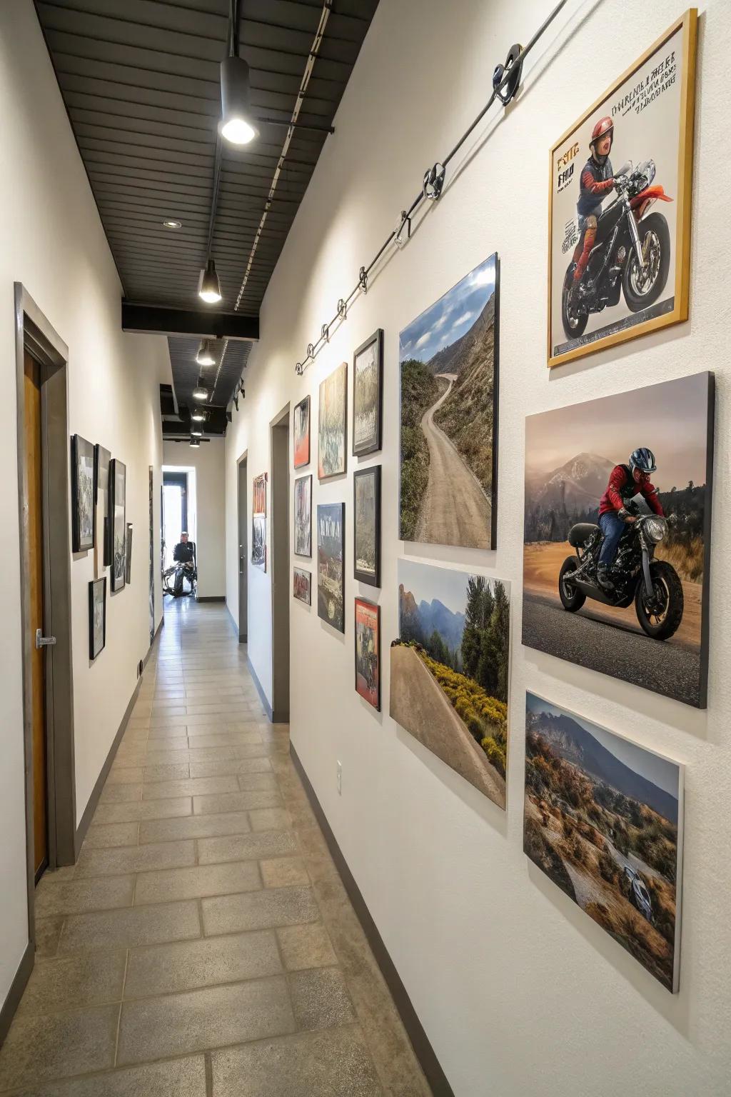 A gallery wall filled with motorcycle-themed art.