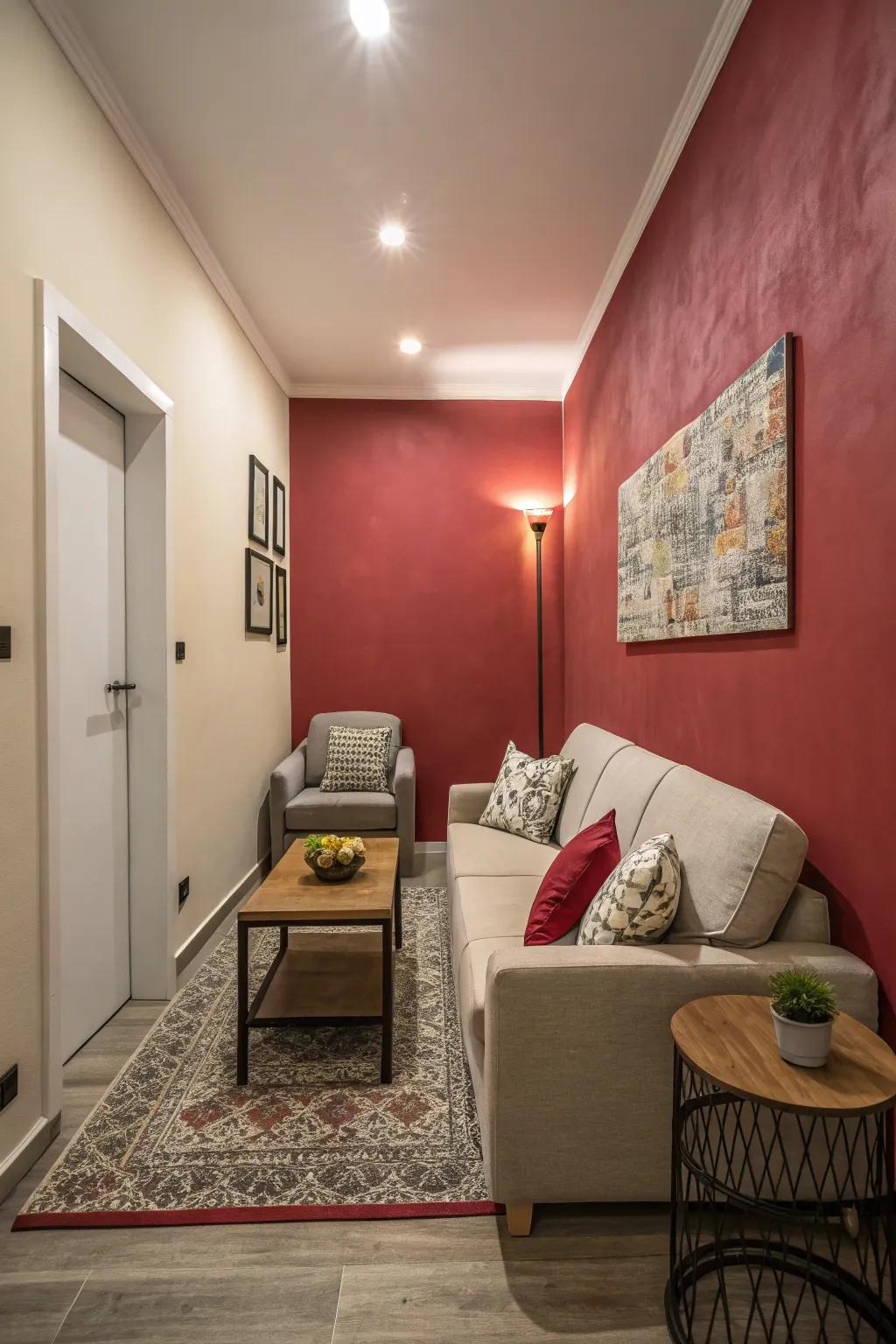 A bold accent wall adding character to a narrow living room.