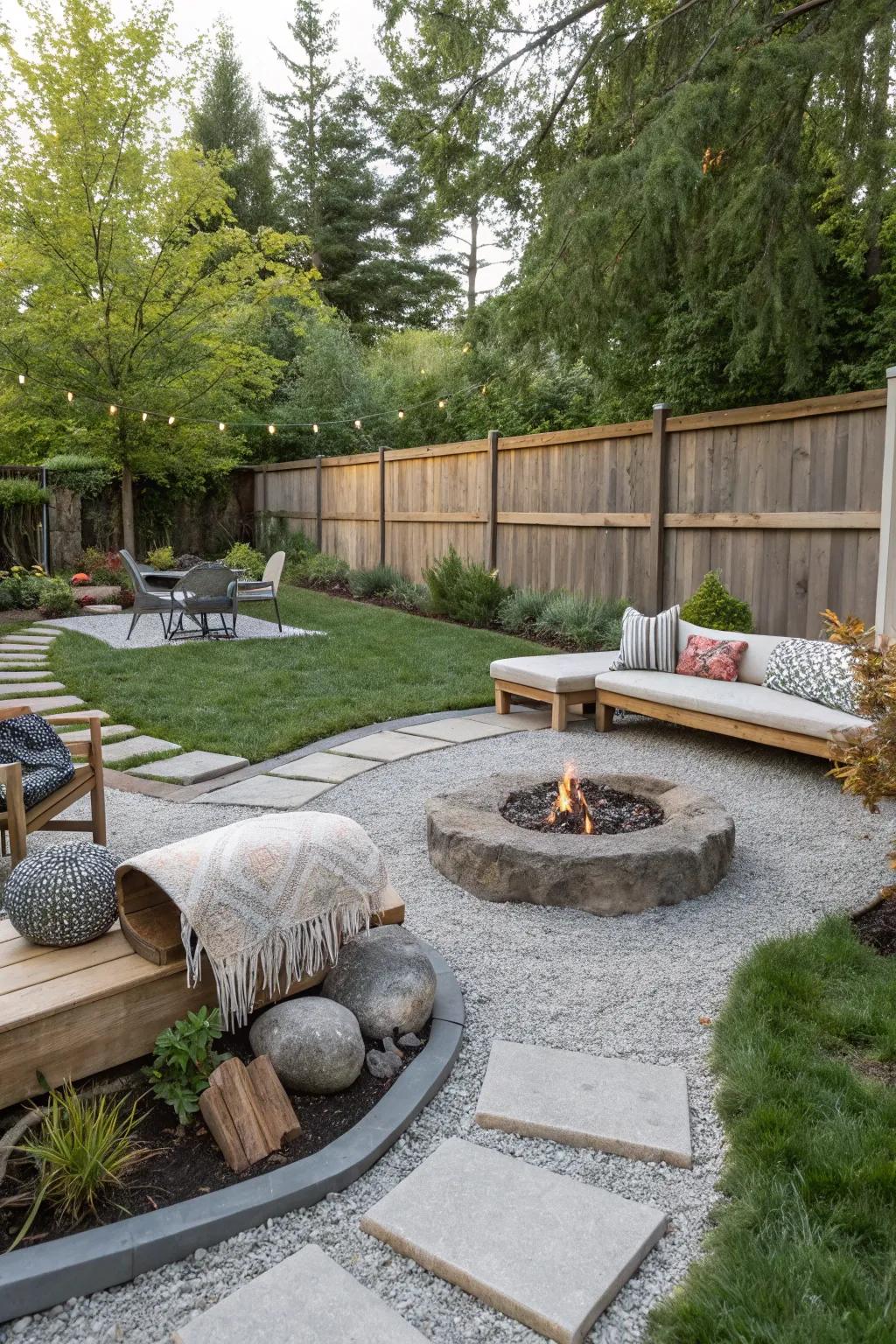 A well-organized backyard using gravel to create distinct zones.