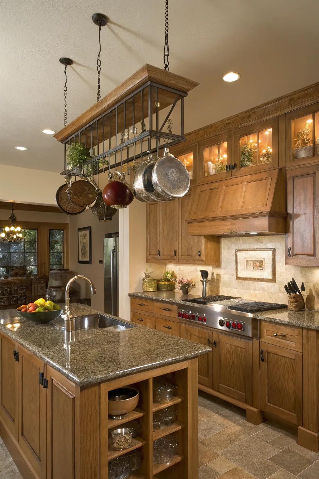 A pot rack combines practicality with style in oak kitchens.