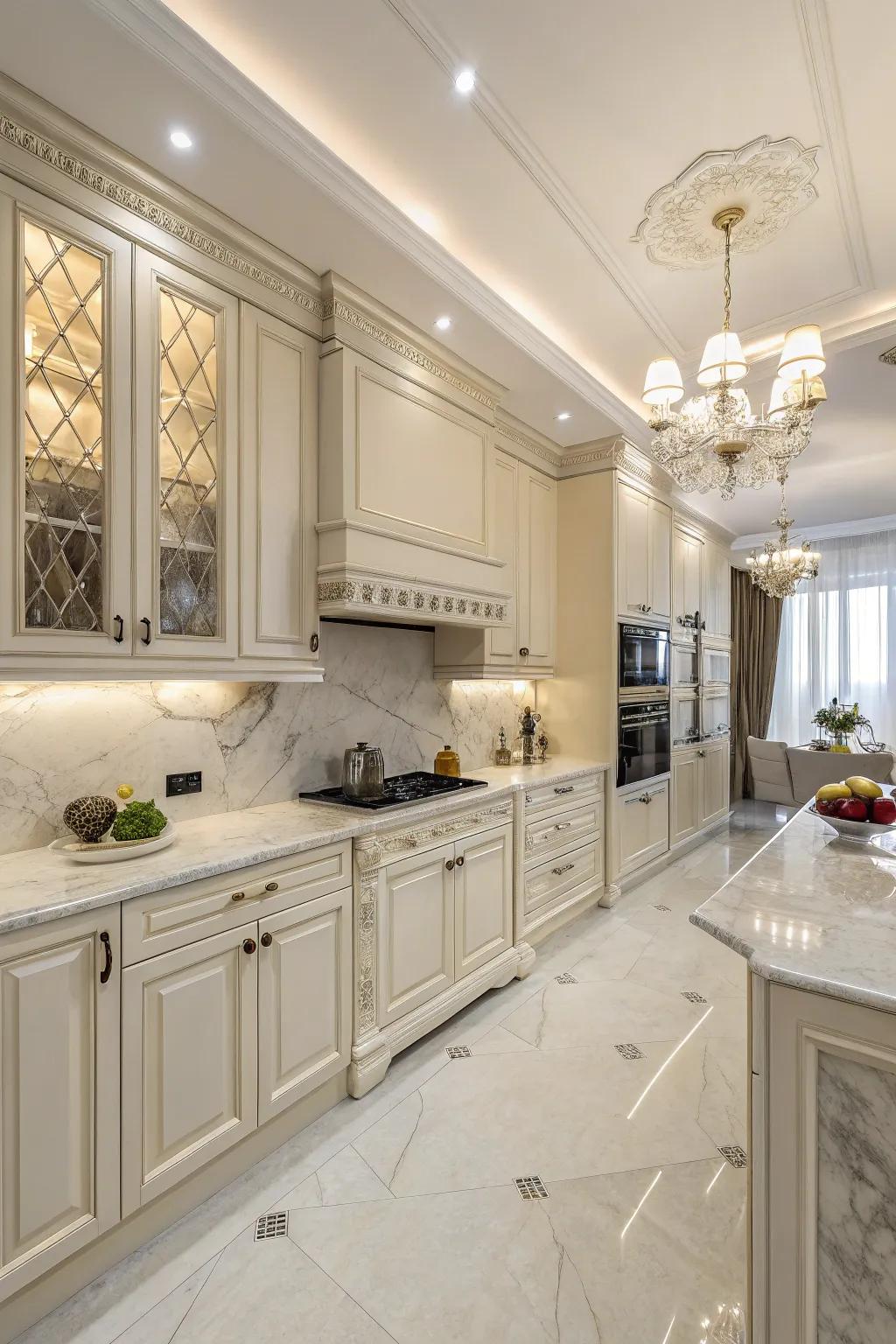 Luxury finishes elevate the allure of off-white kitchens.