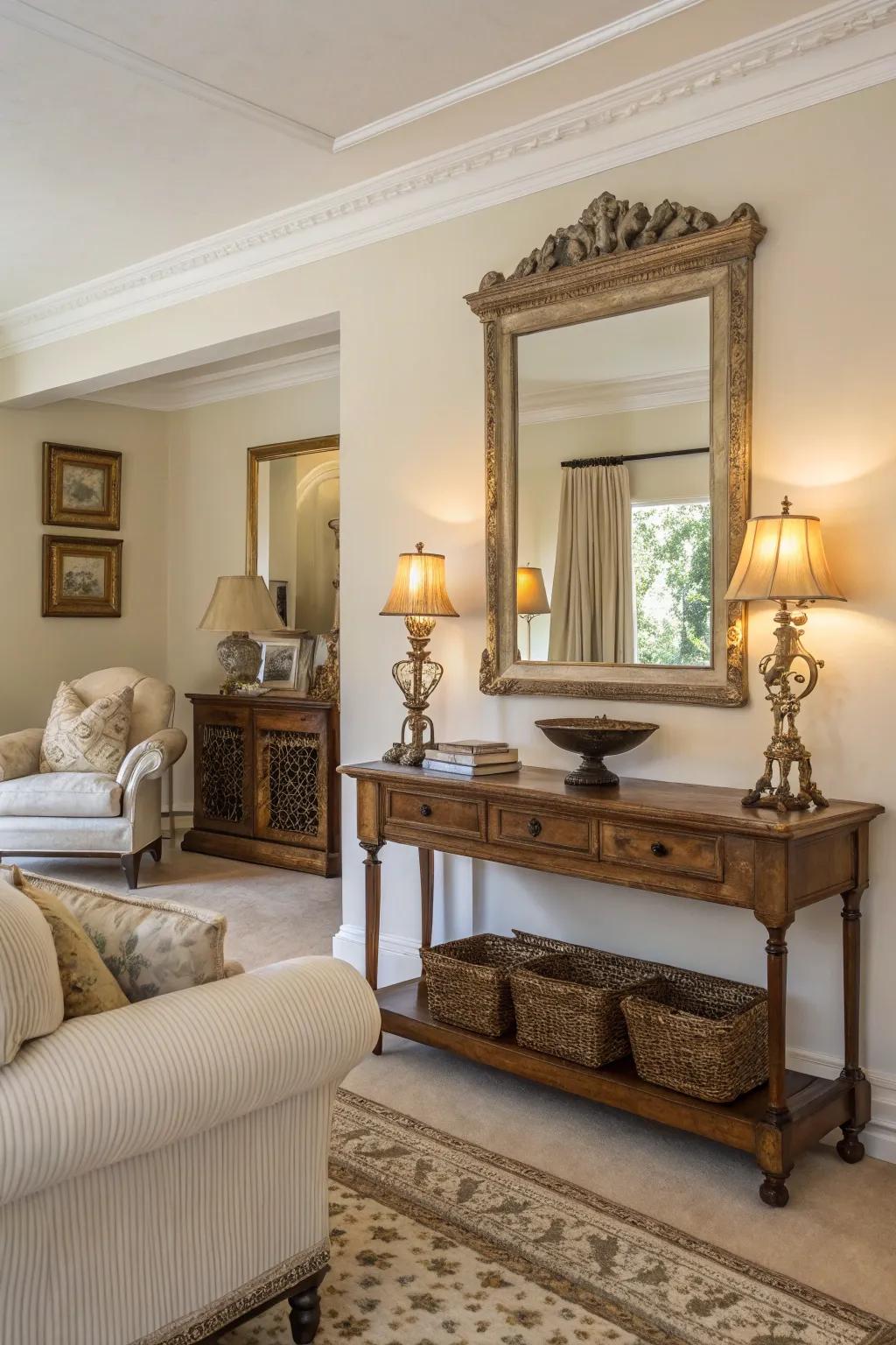 Vintage elements add charm and uniqueness to an off white space.