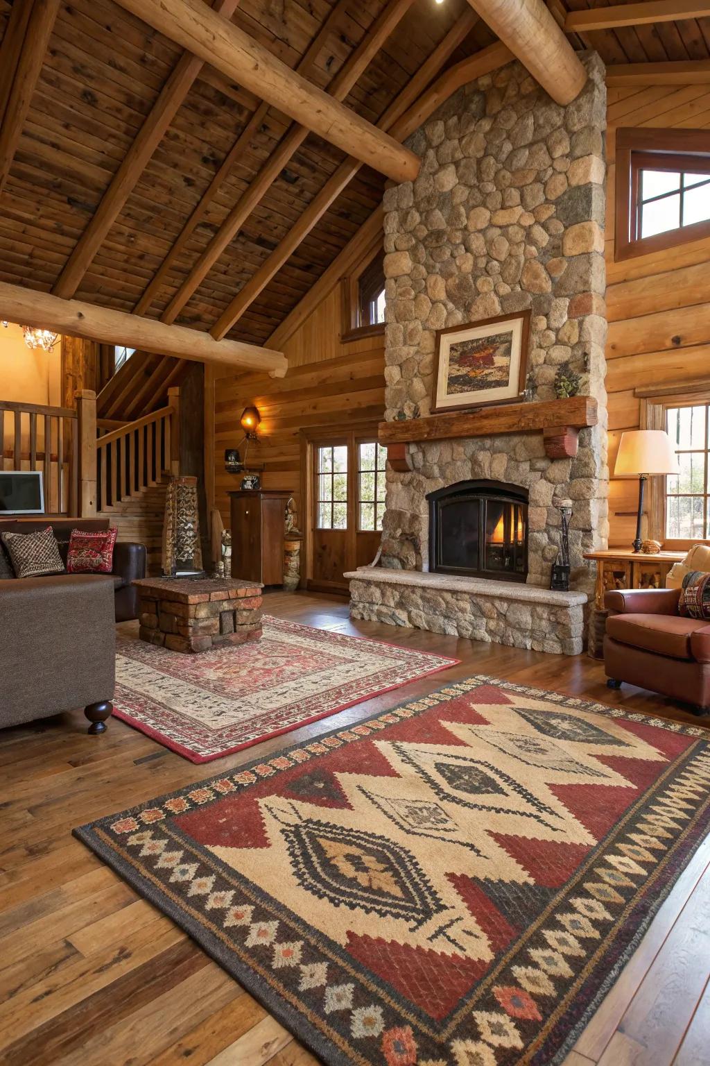 Rustic lodge living room featuring layered rugs in a variety of textures and patterns.