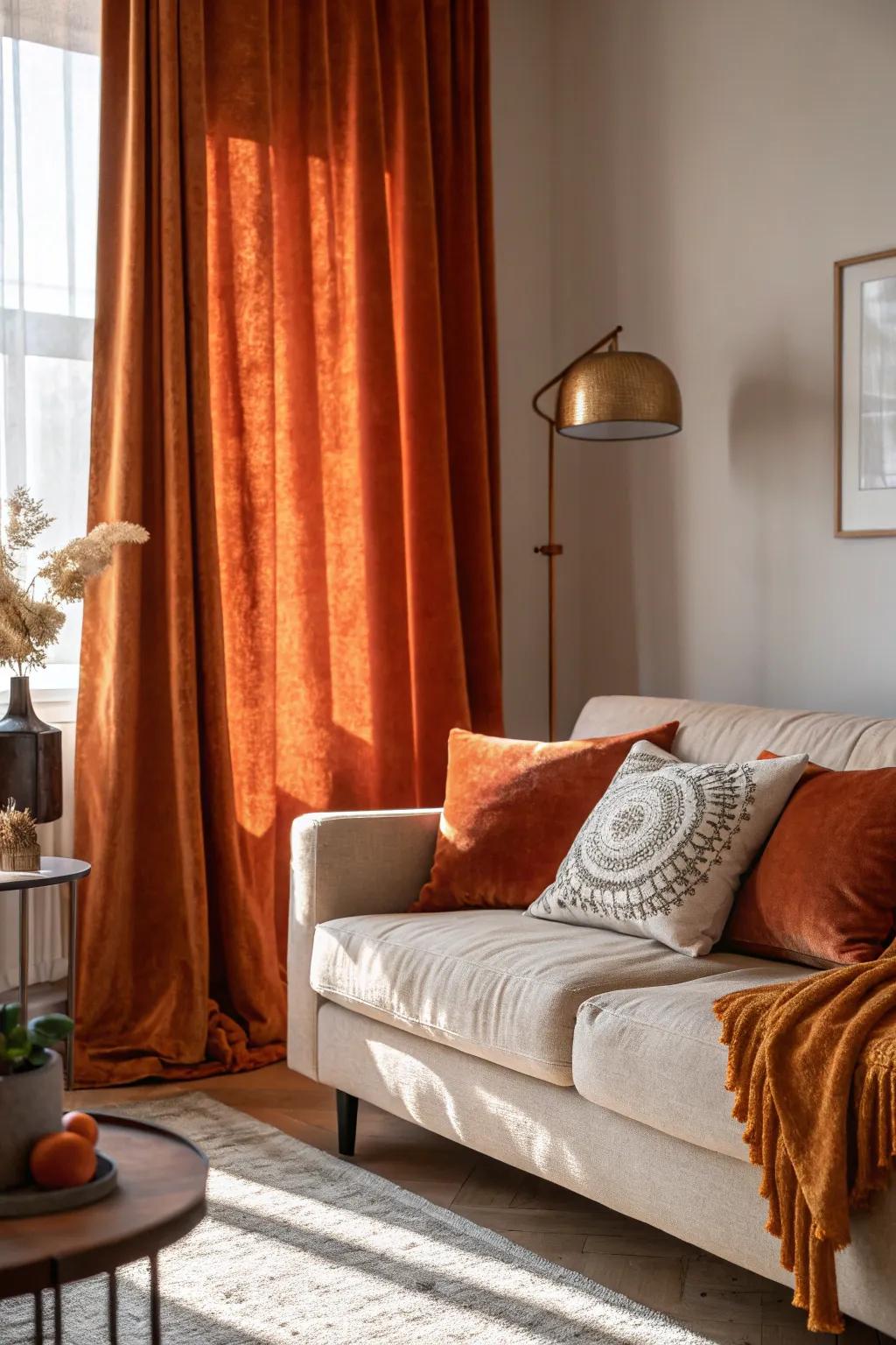 Layered textures with velvet curtains and cozy decor.