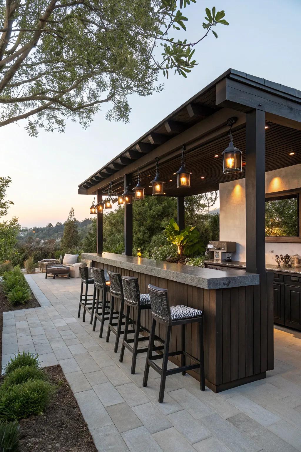 Built-in bars enhance outdoor entertaining spaces.