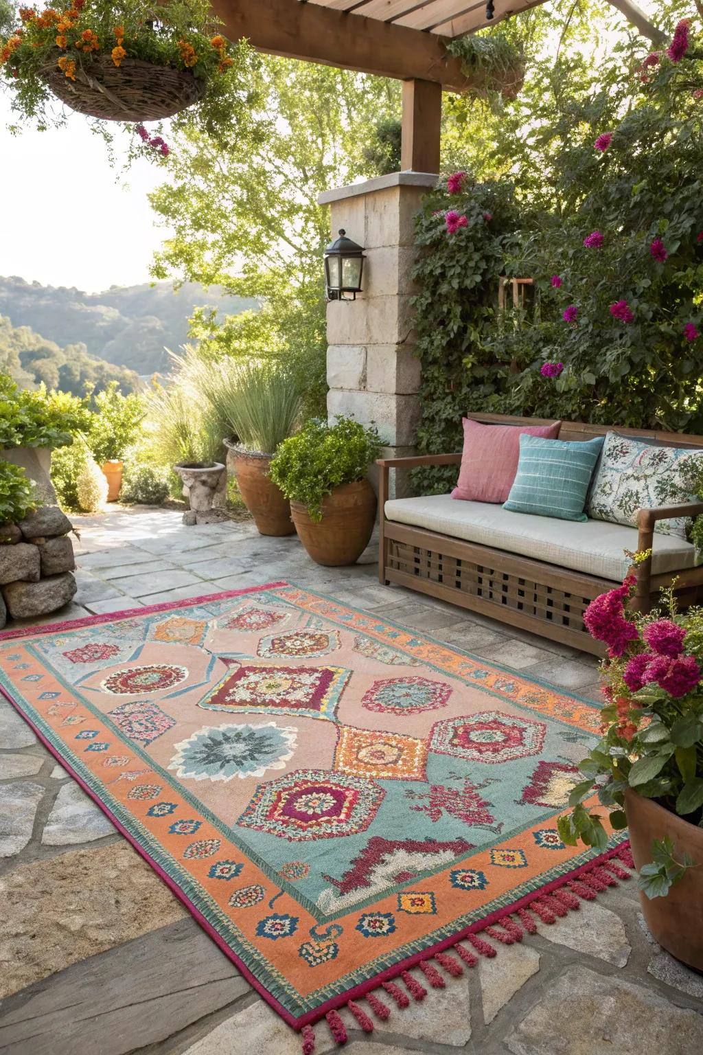 An outdoor rug adding texture and defining the space.