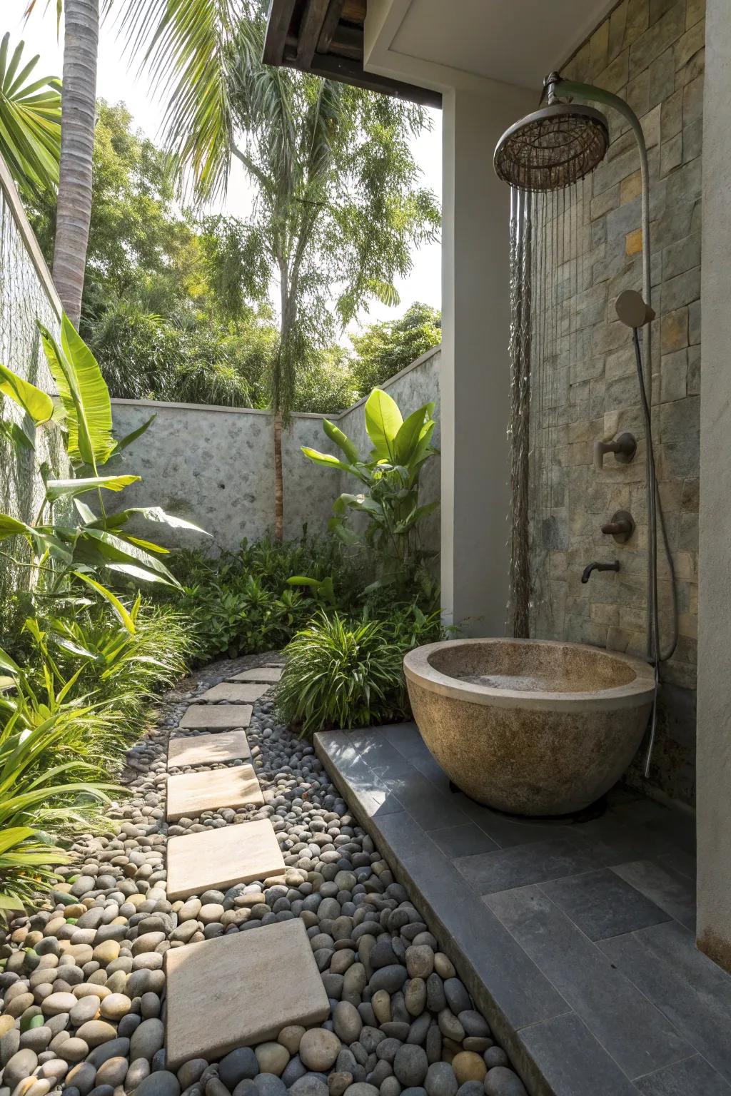 A tranquil outdoor shower with a Zen garden pebble floor.