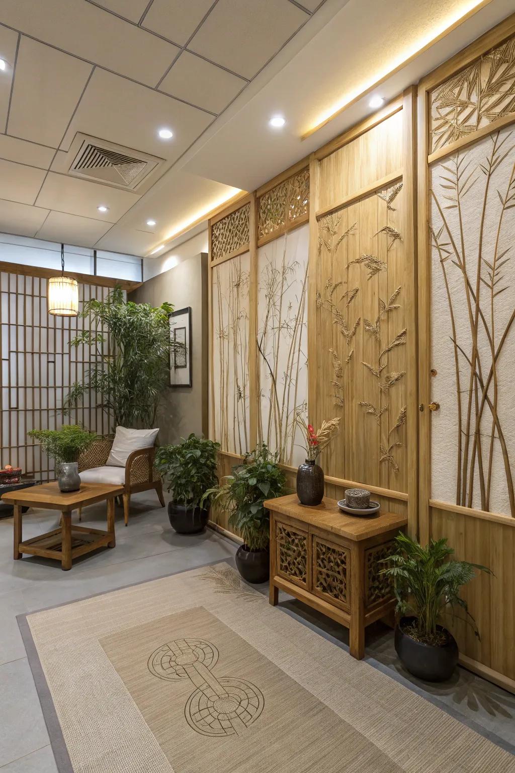 Room with natural bamboo texture panel designs.