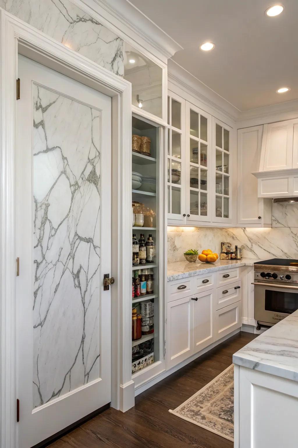 Integrating the pantry door with the backsplash enhances kitchen cohesion.