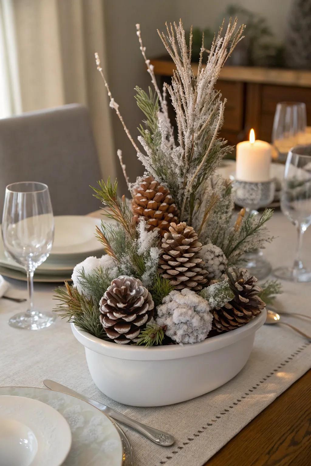 A winter-themed centerpiece with frosted pinecones.