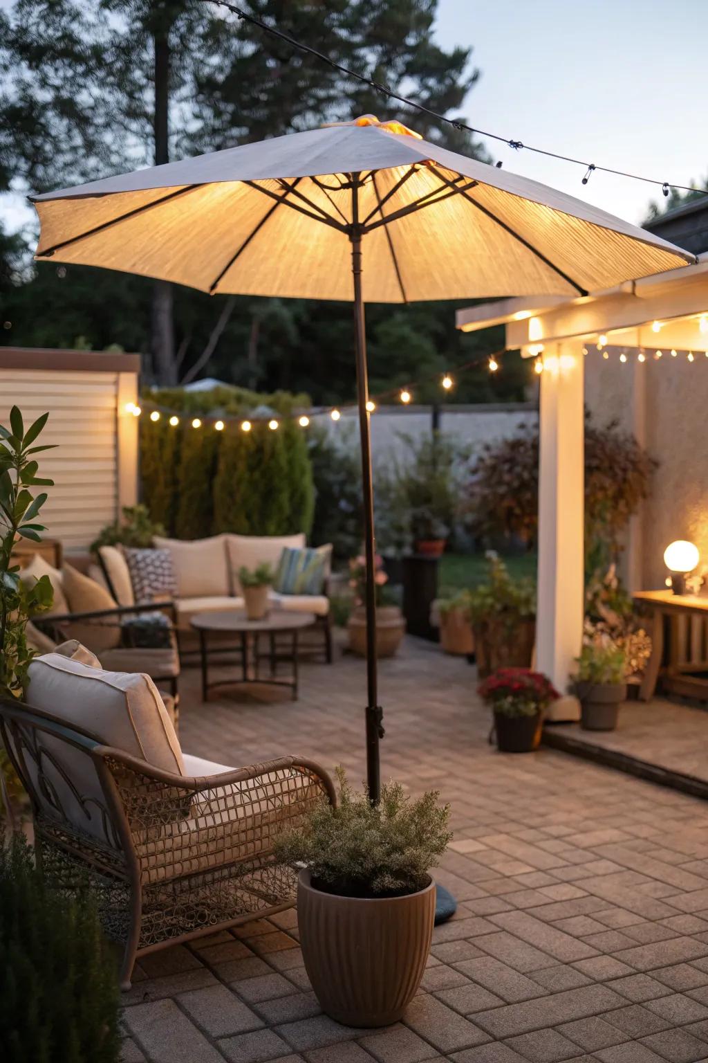 Lighted patio umbrellas offer a multifunctional solution for shade and light.