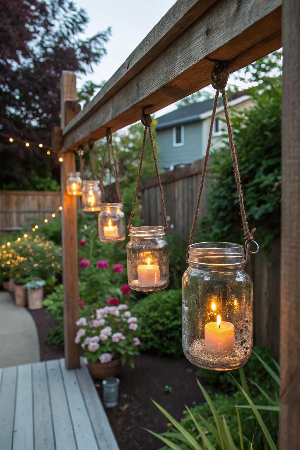 Mason jar lanterns add rustic elegance.