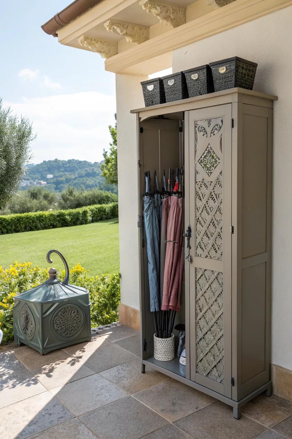 Elegant tall cabinet for organized umbrella storage.