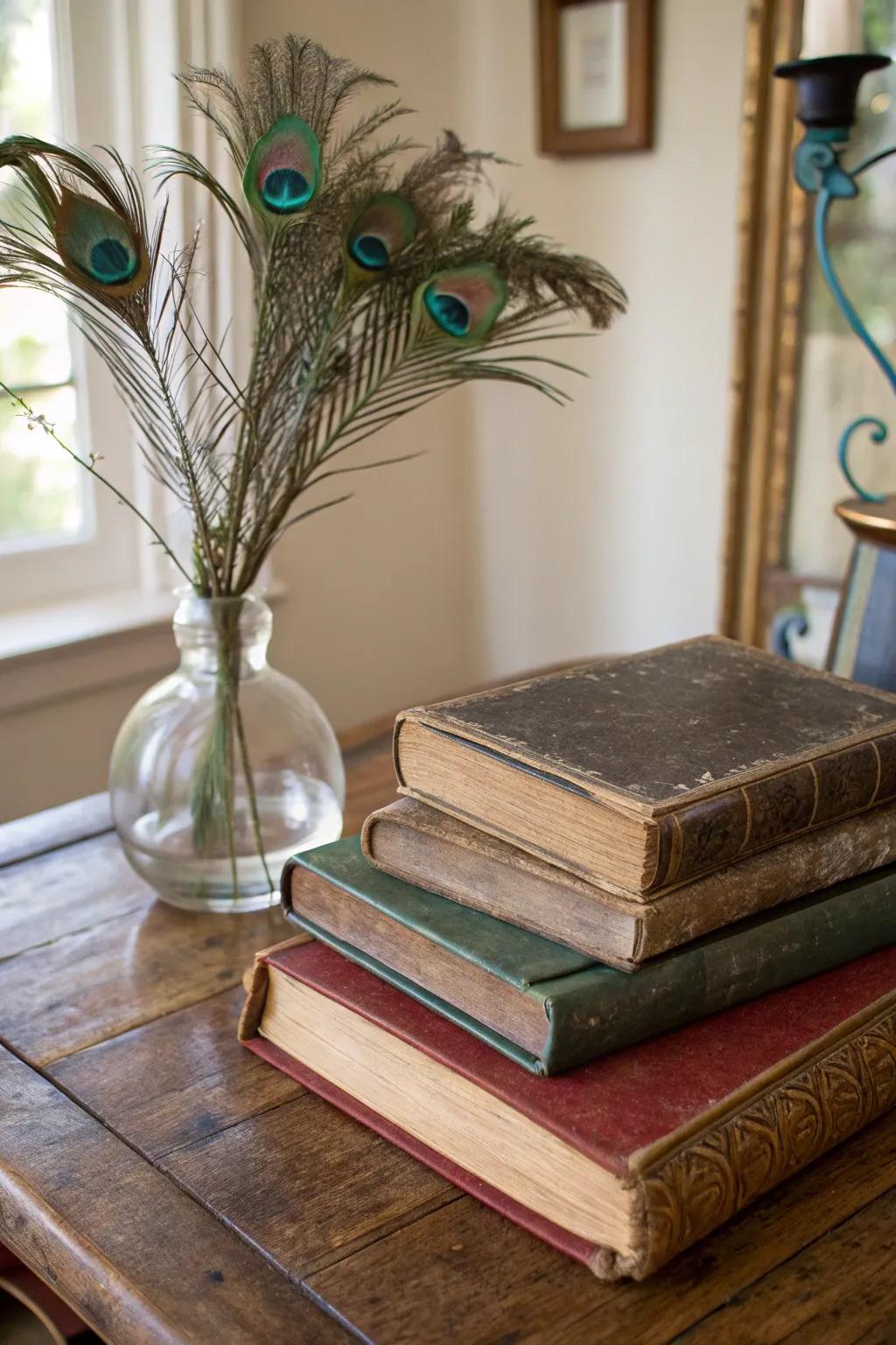 A scholarly centerpiece with books and peacock feathers.