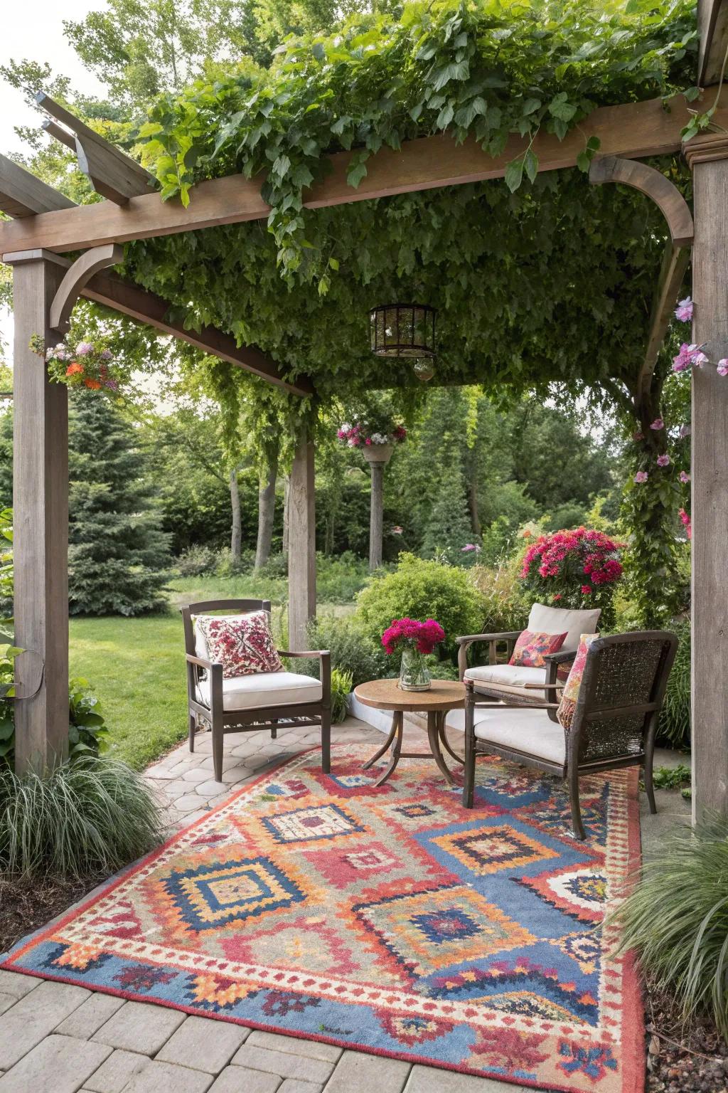 An outdoor rug defines the space and adds comfort underfoot.