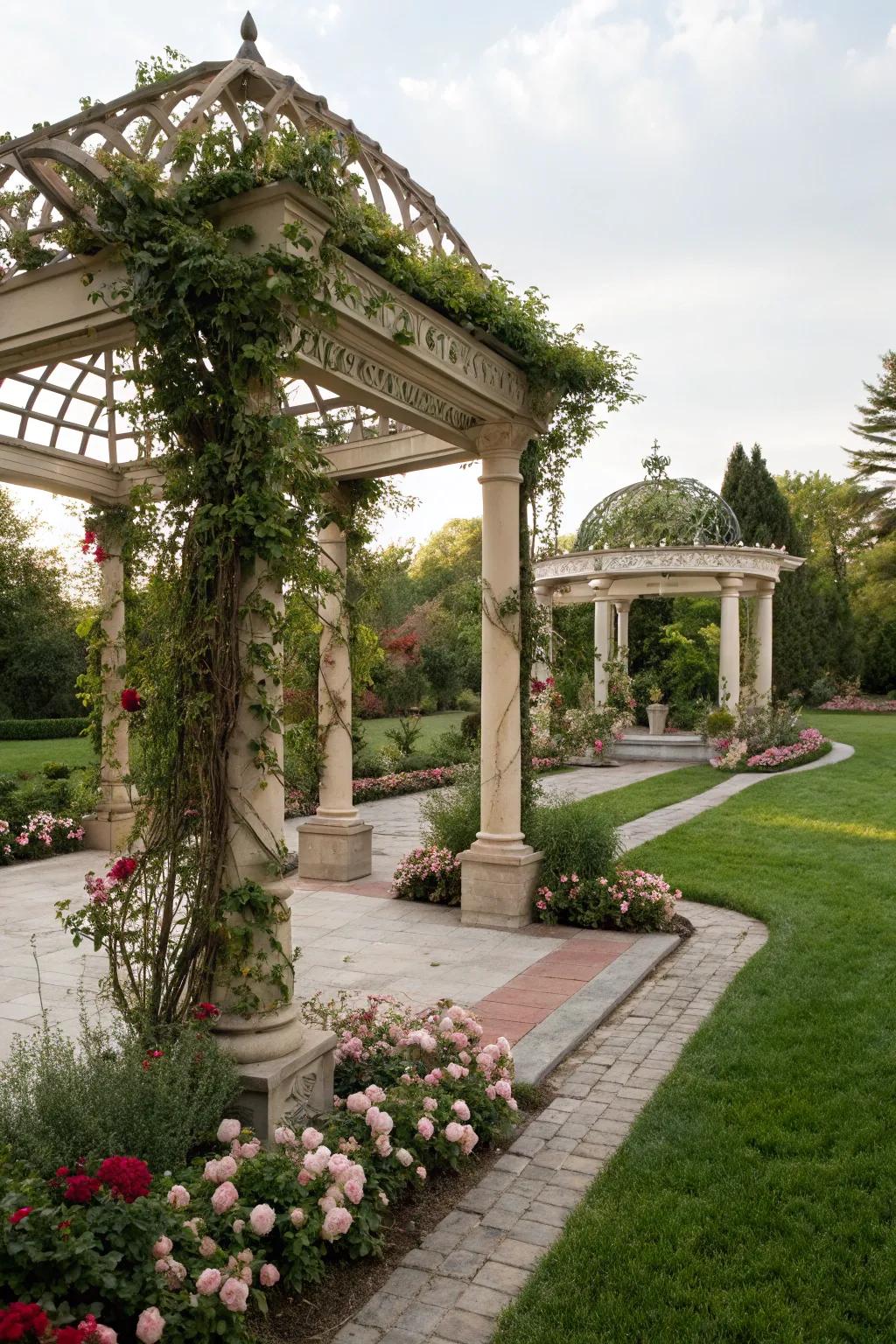 A two-tiered pergola creates a dramatic and elegant look.