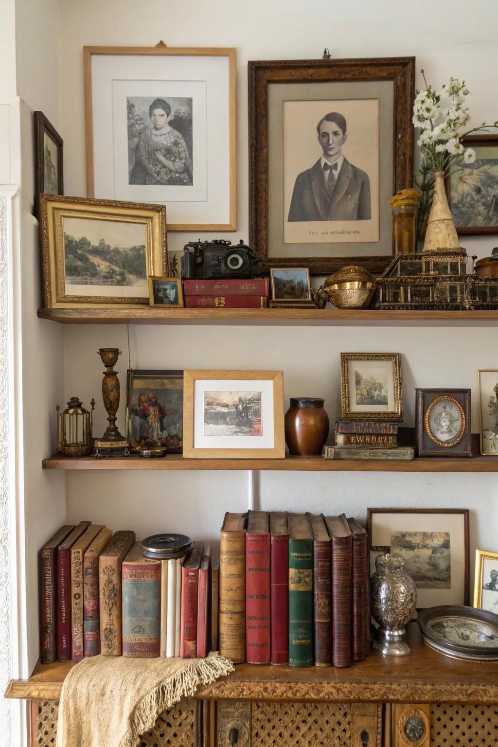 Incorporate vintage pieces for a historical and character-filled ledge.