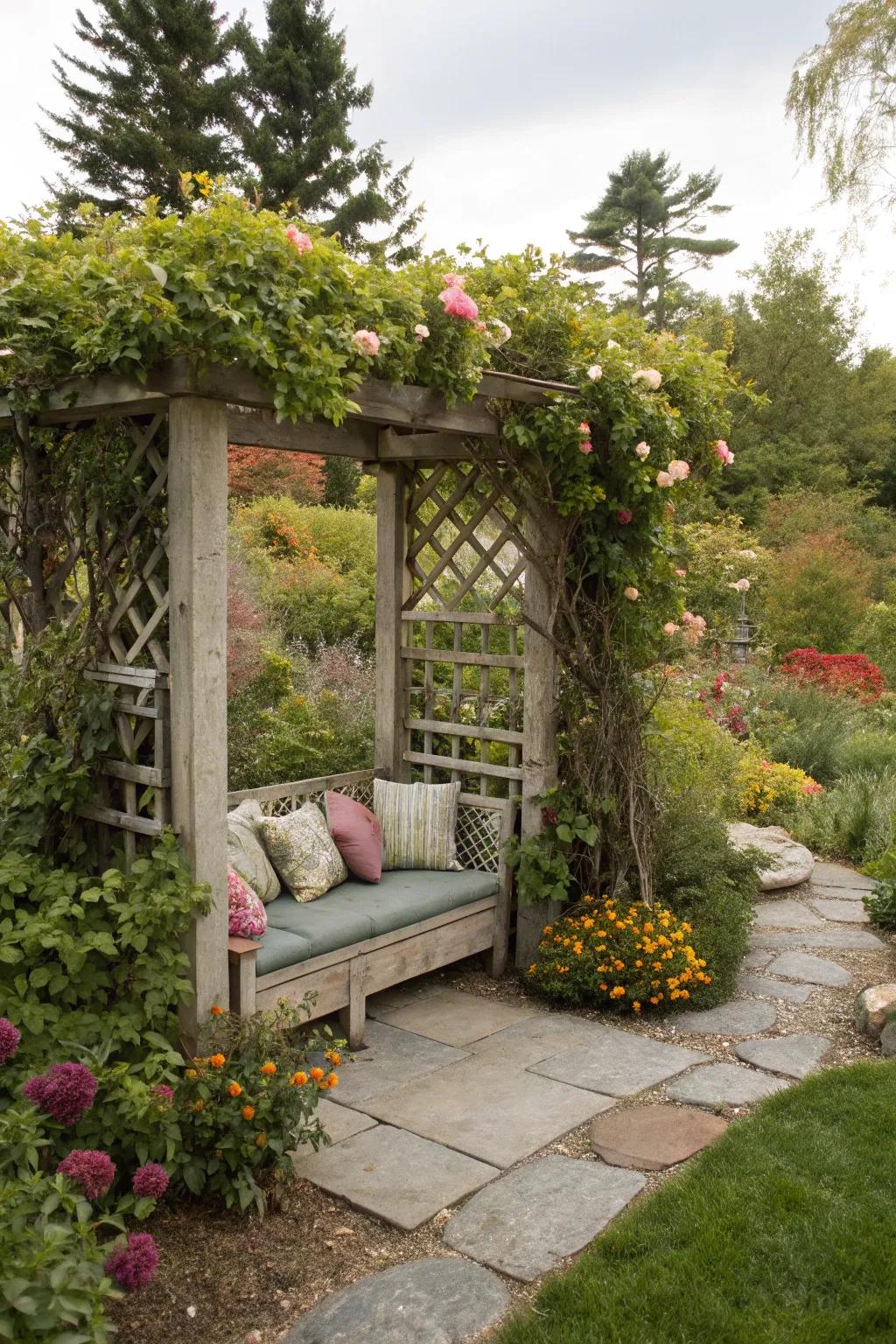 An arbor with built-in seating offers a peaceful retreat.