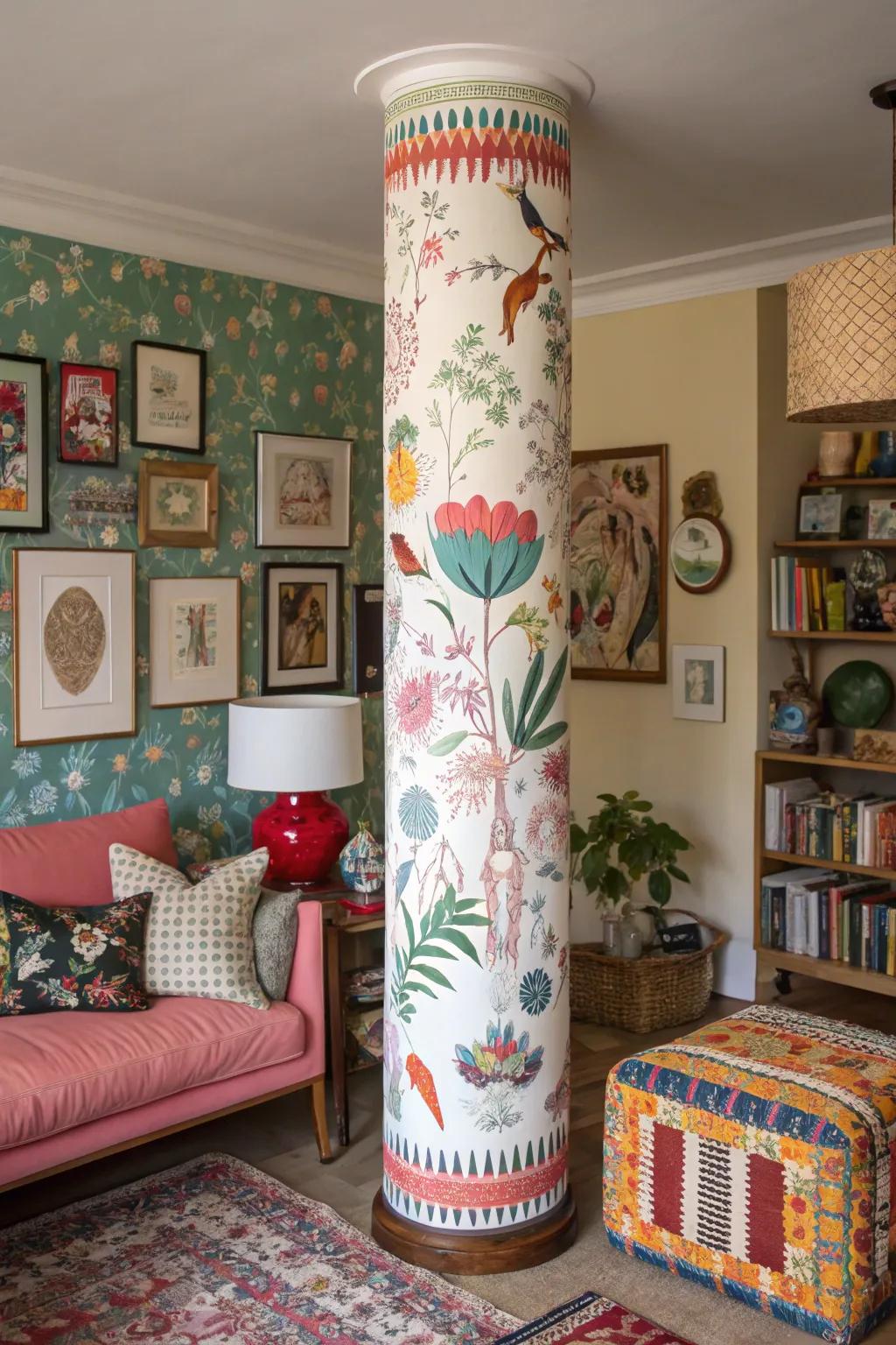 Wallpaper patterns can give pillars a playful and vibrant look.