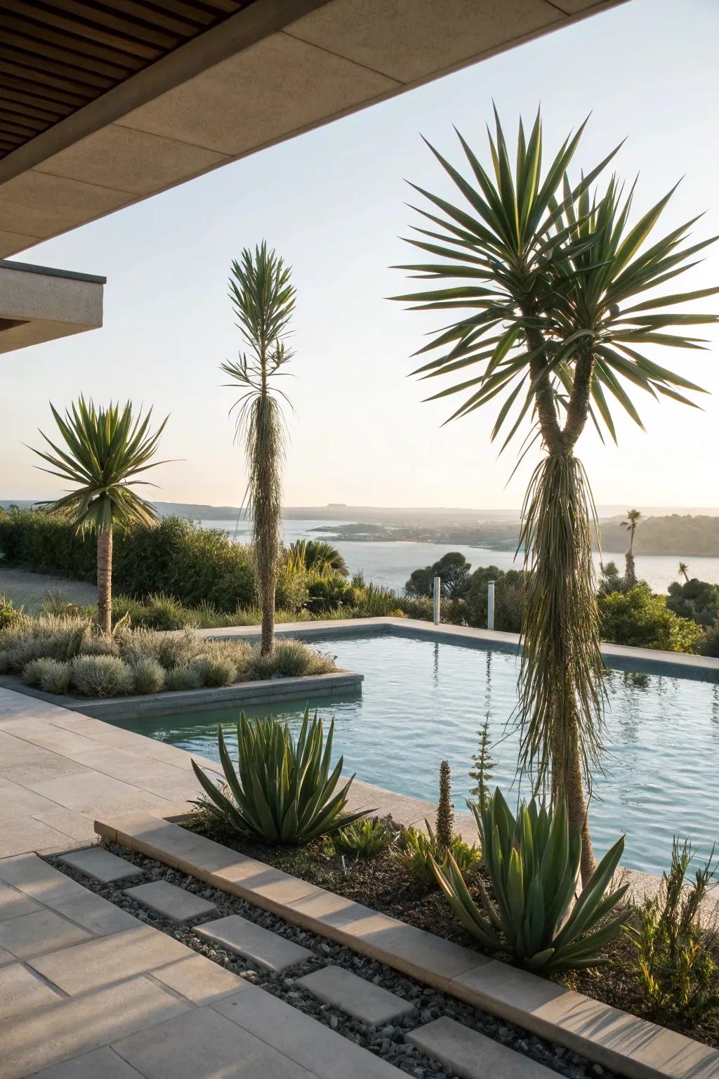 Yucca plants add a dramatic architectural touch.