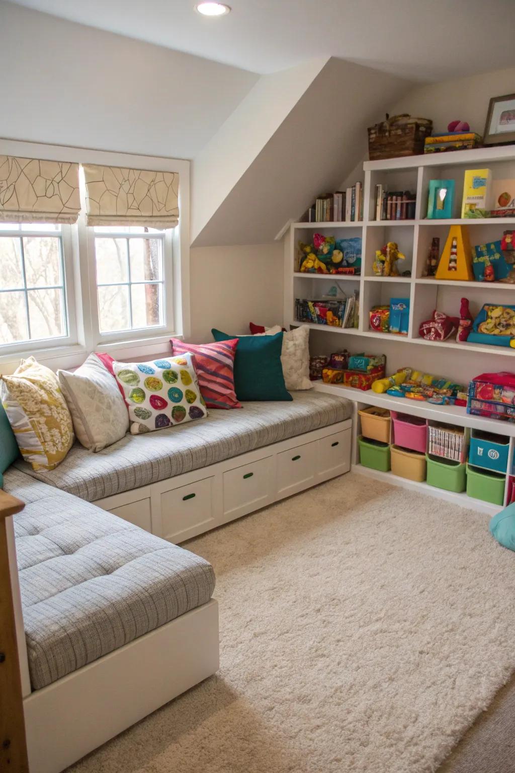 A well-utilized corner in the playroom with an L-shaped couch.