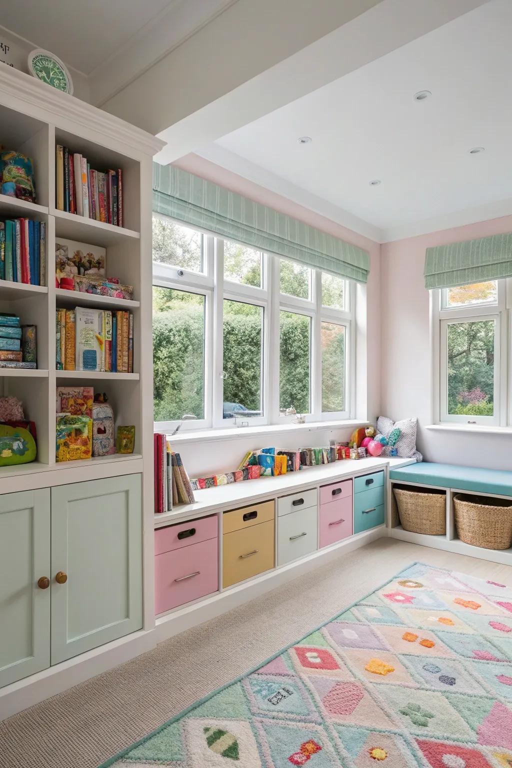 A playroom with clever hidden storage solutions.