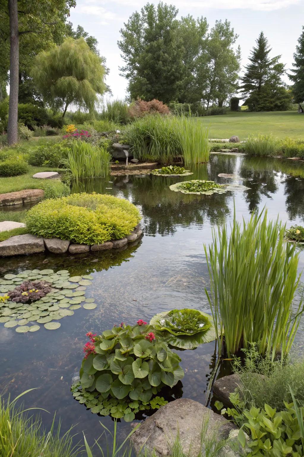 Floating plant islands add dynamic interest to a backyard pond.