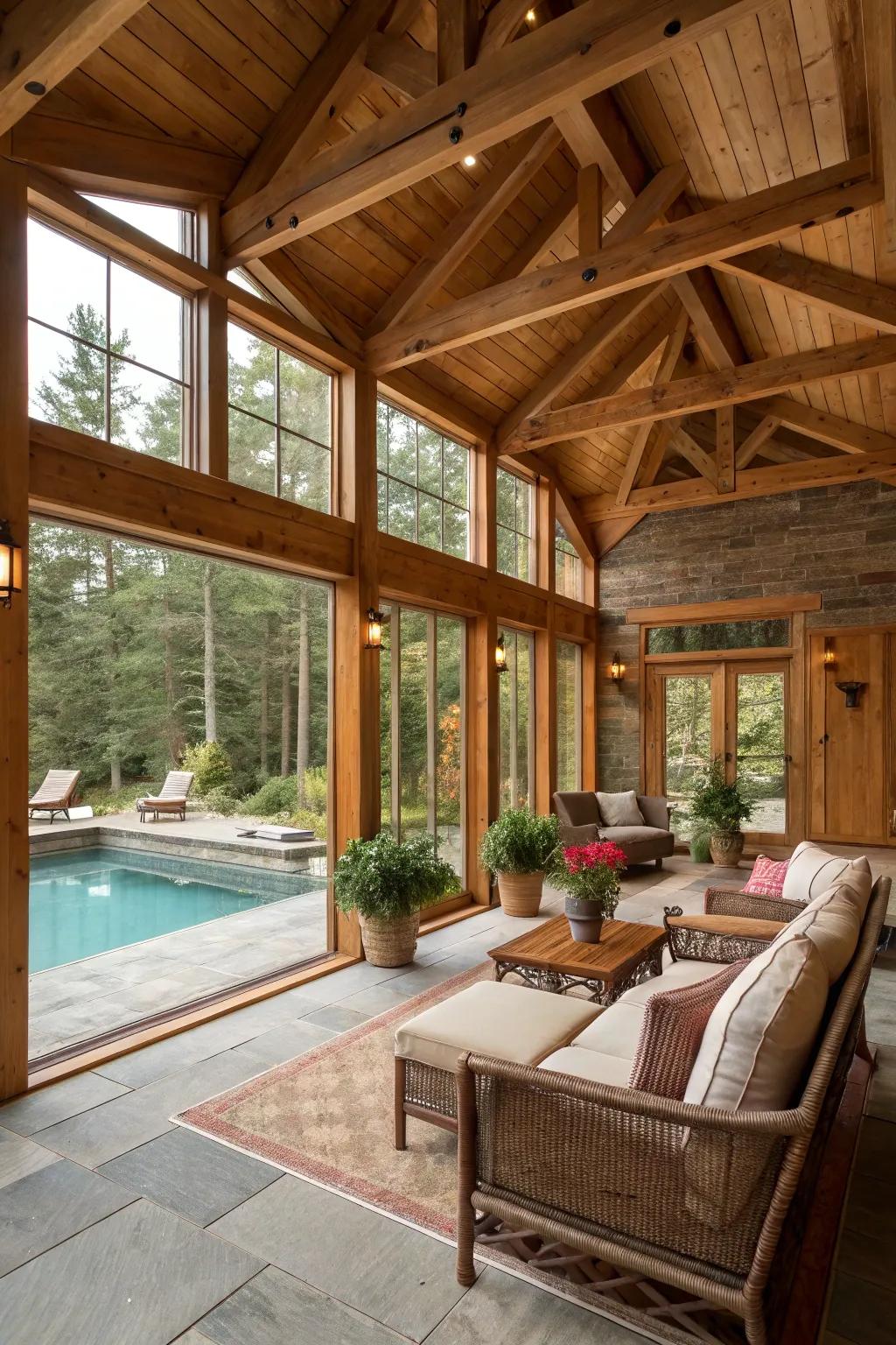 Create a cozy vibe with warm materials in your pool house