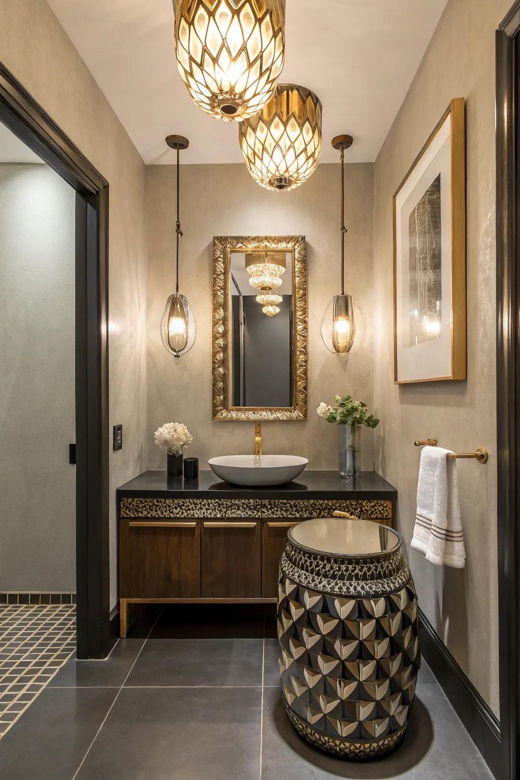 A powder room featuring bold fixtures that draw the eye.