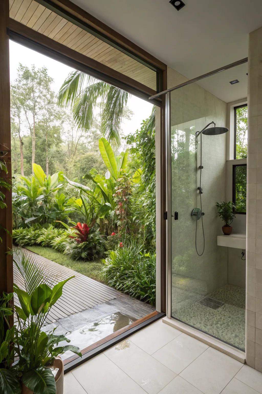 Connecting to the outdoors enhances the bathroom’s openness.