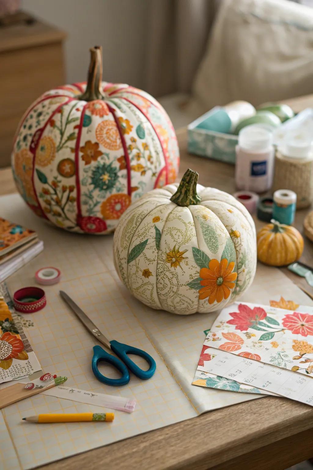 Decoupage pumpkins showcasing a patchwork of colors.