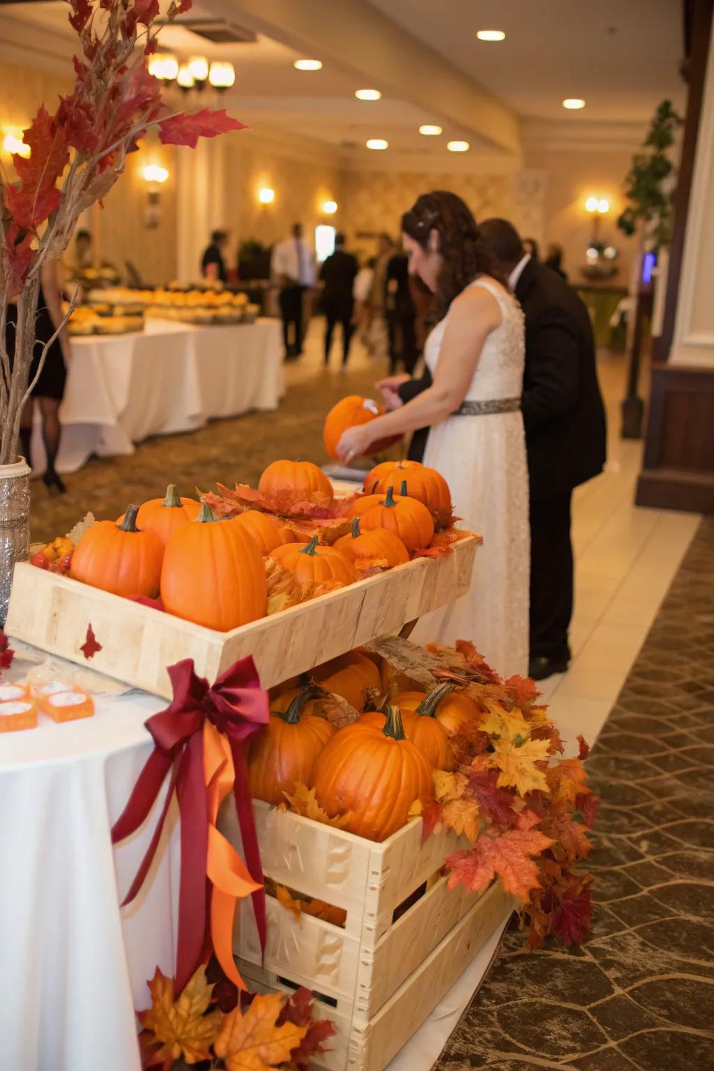 A charming favor station featuring pumpkins for guests.