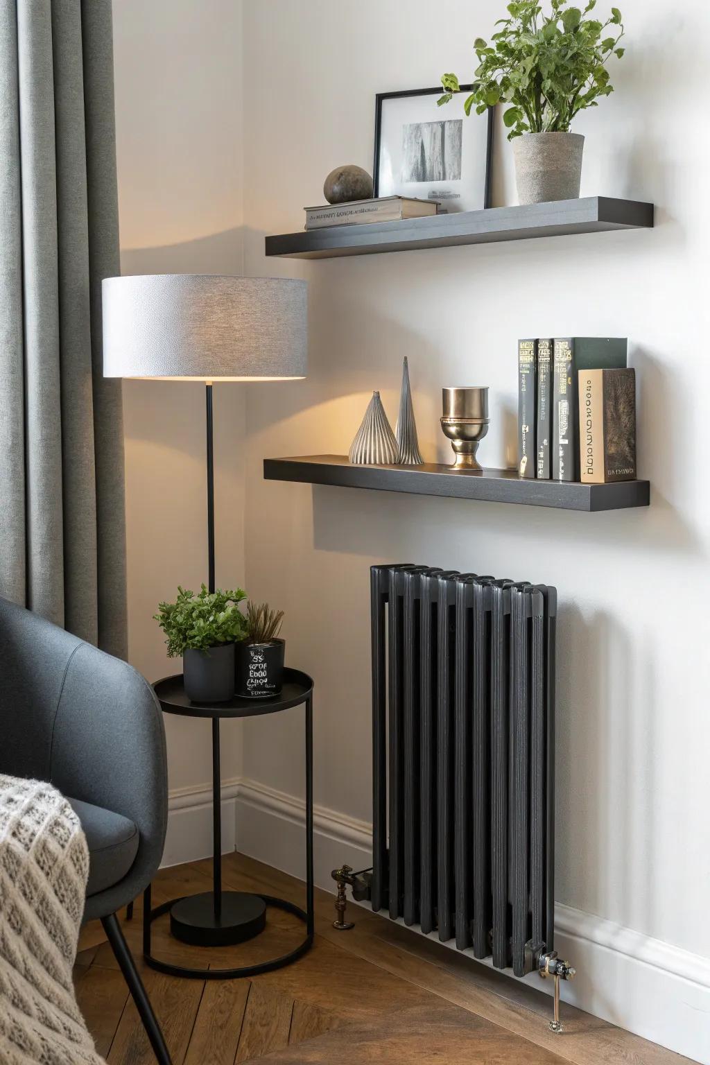 A floating shelf offers a modern, airy addition to your radiator setup.